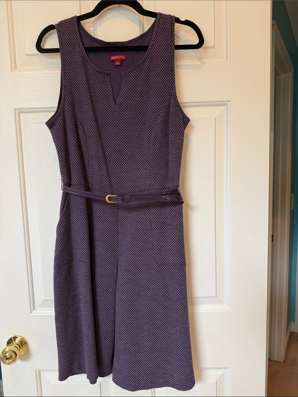 Merona Plum Tweed Check Sleeveless Belted Dress